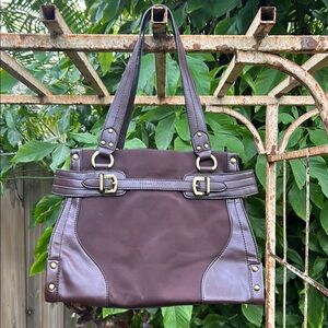 Etienne Aigner Brown Faux Leather Trim & Canvas Cloth Handbag Purse